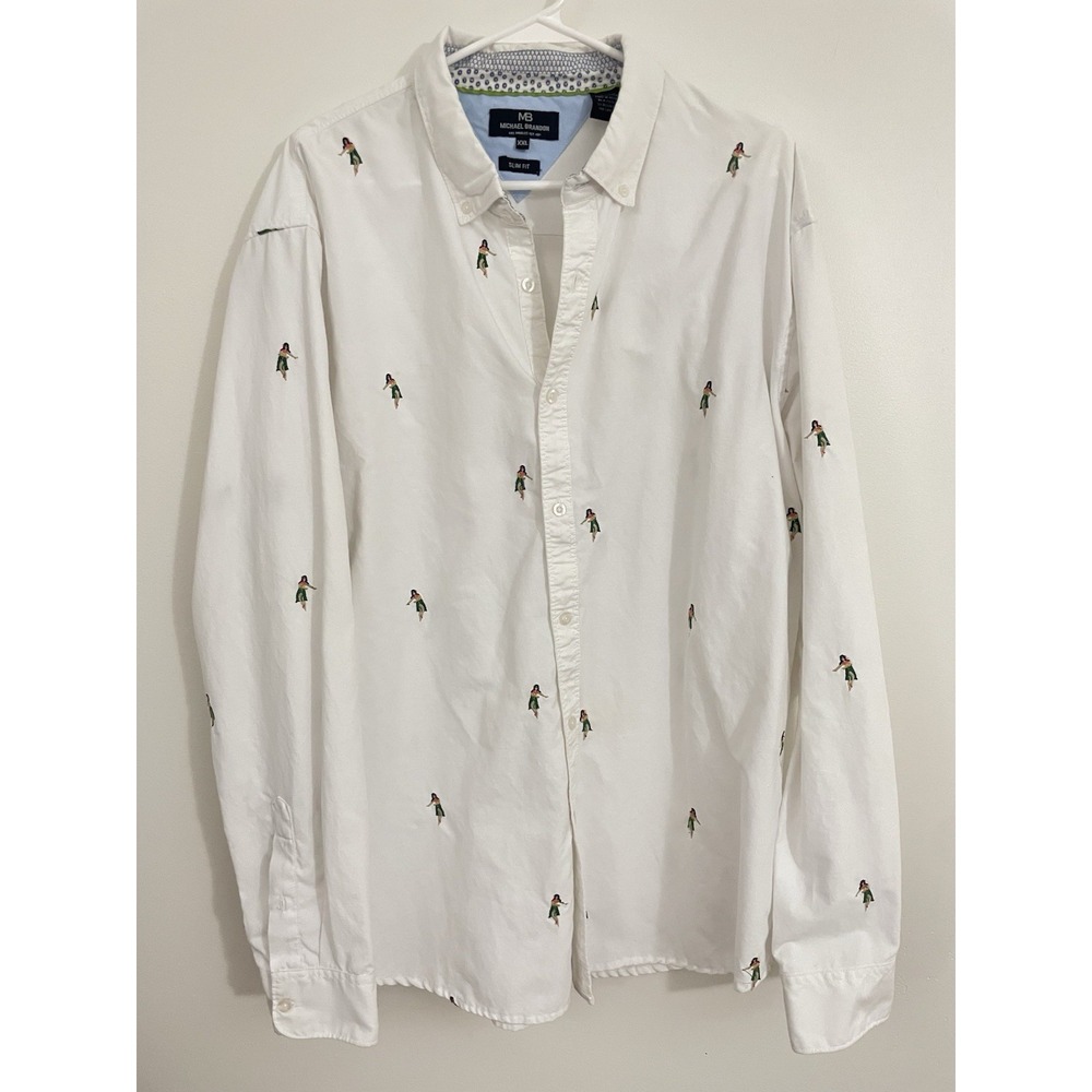 Michael Brandon Men XXL White Slim Fit Button Up Shirt Embroidered Hula Girl AOP